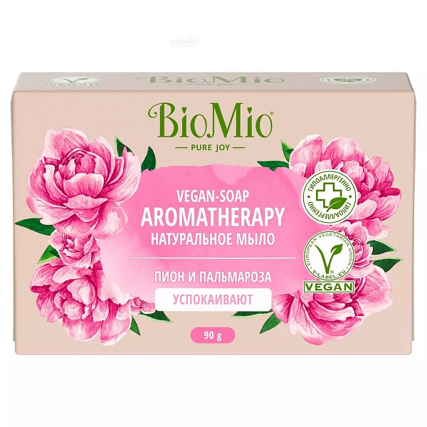 Натуральное туалетное мыло BioMio BIO-SOAP AROMATHERAPY, пион и пальмароза, 90 г - фото